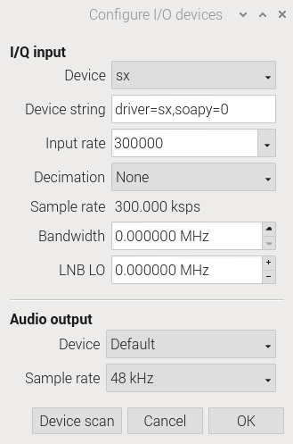 &quot;Configure I/O devices&quot; dialog with &quot;Device&quot; set to &quot;sx&quot; and &quot;Input rate&quot; set to 300000