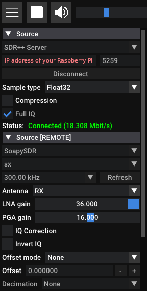 Source: SDR++ Server, Source [REMOTE]: SoapySDR, sx